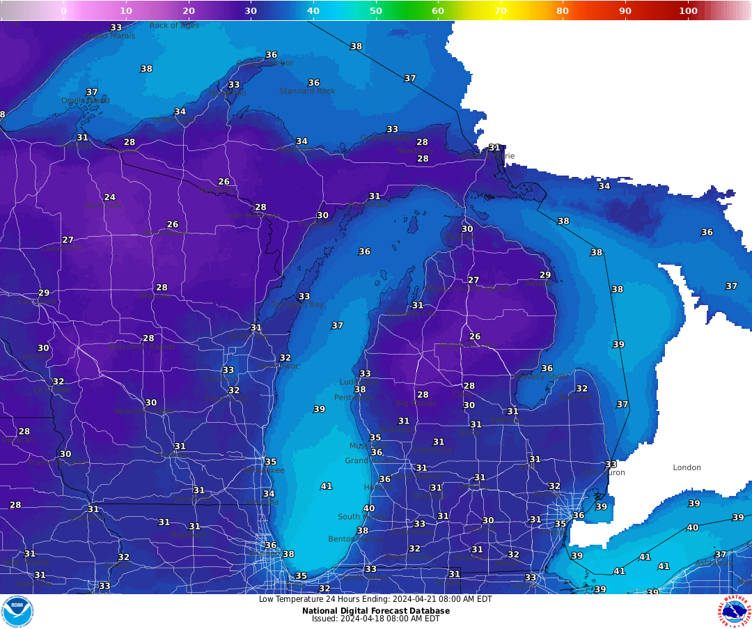 Map of Michigan showing the forecasted low temperatures for Sunday, April 21. 
